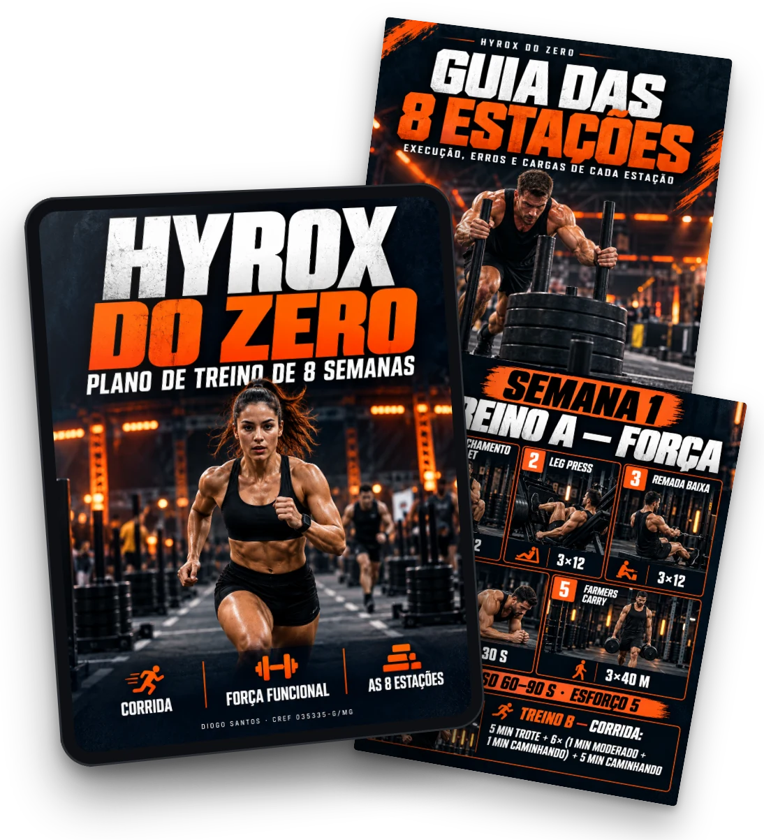 Hyrox do Zero: capa do plano no celular e páginas do Guia das 8 Estações e do plano de treino